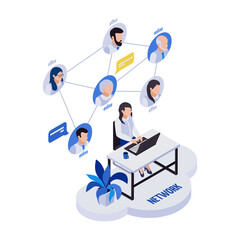 Remote Management Distant Work Isometric Icons Composition With Woman Sitting Table With Remote Workers Flowchart