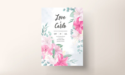 Naklejka na ściany i meble Romantic Wedding Invitation Card With Beautiful Lily Floral Leaves