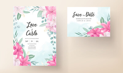 Romantic Wedding Invitation Card With Beautiful Lily Floral Leaves_4