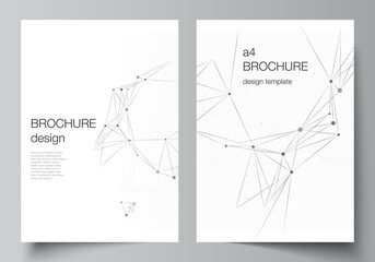 Vector layout of A4 cover mockups templates for brochure, flyer layout, booklet, cover design, book design, brochure cover. Gray technology background with connecting lines and dots. Network concept.
