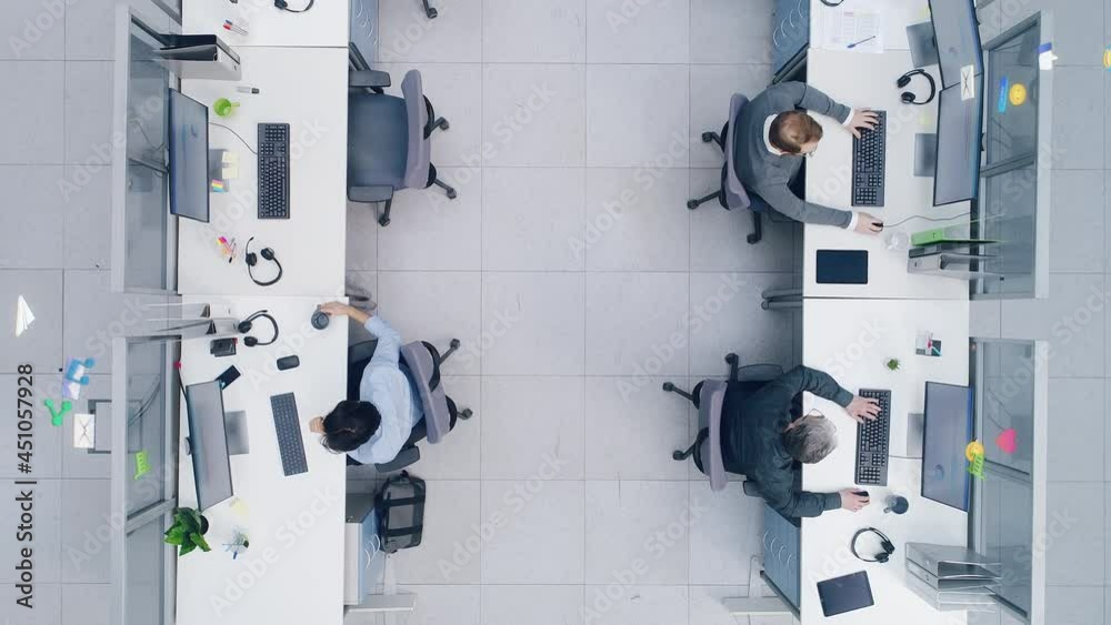 Poster Top Down Footage of a Busy Corporate Office with Tow Rows off Businessmen and Businesswomen Working on Desktop Computers. VFX Animation of Connected Technological Social Network Between Colleagues.