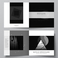 Vector layout of two covers templates for square design bifold brochure, flyer, cover design, book design. Black color technology background. Digital visualization of science, medicine, tech concept.