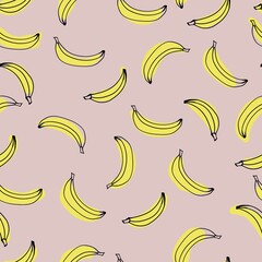 pattern vector hand-drawn bananas, stylized bananas on pastel pink background
