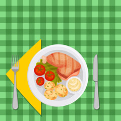 Food Served on Plates Top Viewed Vector.