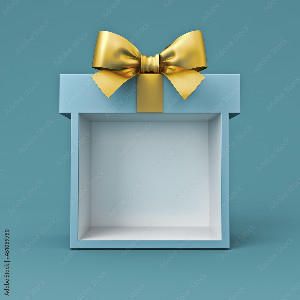 Poster exhibition booth display stand or blank gift box with gold ribbon bow isolated on dark green backgro