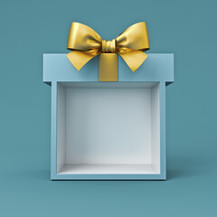 Exhibition booth display stand or blank gift box with gold ribbon bow isolated on dark green background minimal conceptual 3D rendering