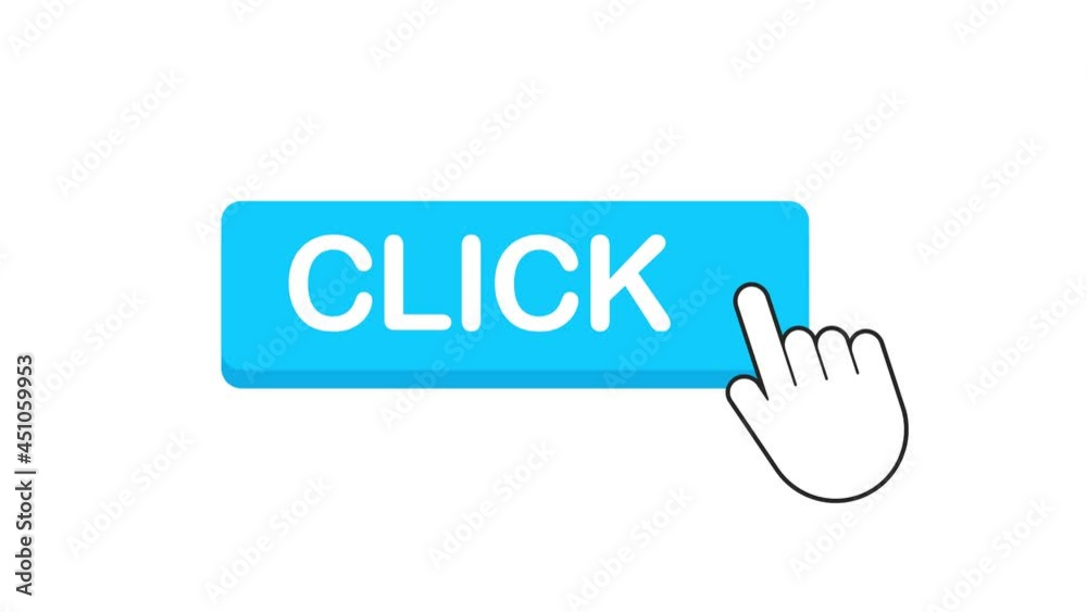 Aufkleber click here button with hand pointer clicking. motion graphics.