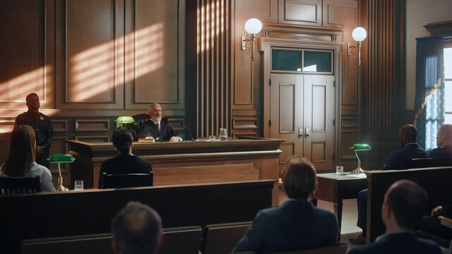 Court of Justice Trial: Impartial Judge Sitting Down, Public Sits Down on Benches After Him. Supreme Federal Court Judge Starts Civil Case Hearing with Striking a Gavel. Sentencing Law Offender.