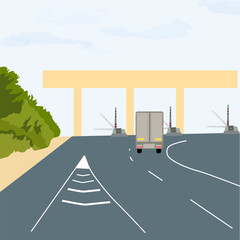 Checkpoint of collection on autobahn and toll road . Car and roadside point. Highway toll area with transport. Vector stock illustration isolated on a white background.