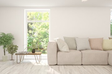 White living room with sofa and summer landscape in window. Scandinavian interior design. 3D illustration