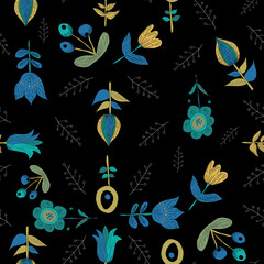 Black Swedish flowers folk art vector pattern 