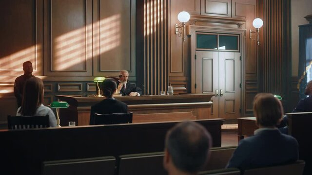 Court of Justice Trial: Impartial Judge Sitting Down, Public Sits Down on Benches After Him. Supreme Federal Court Judge Starts Civil Case Hearing with Striking a Gavel. Sentencing Law Offender.