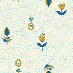 Swedish outlined flowers folk seamless vector pattern 