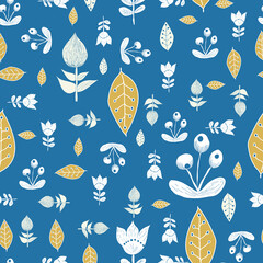 Blue Swedish folk flowers seamless vector pattern 