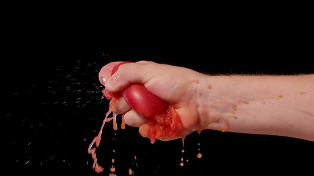 Male hand crushing fresh red tomato and exposing all the seeds juice and flesh inside the healthy vegetable. Squeezing juice from tomato on studio isolated black background. Close up. Slow motion.