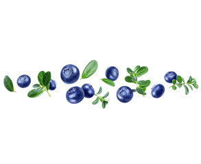 Ripe blueberries with leaves in the air isolated on white background