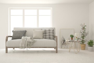 White living room with sofa. Scandinavian interior design. 3D illustration
