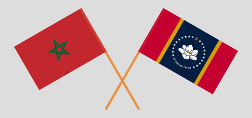 Crossed flags of Morocco and the State of Mississippi. Official colors. Correct proportion