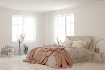 Soft color bedroom interior. Scandinavian design. 3D illustration