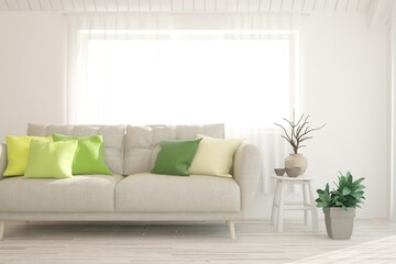 White living room with sofa. Scandinavian interior design. 3D illustration