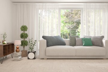 White living room with sofa and summer landscape in window. Scandinavian interior design. 3D illustration
