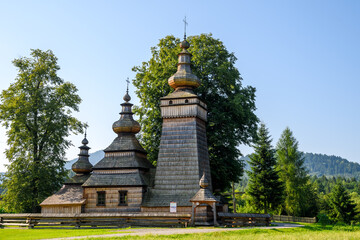 Old wooden Greek Catholic church of St. Paraskevi in Kwiaton in Poland. Famous example of Lemko church architecture inscribed on the UNESCO World Heritage List.