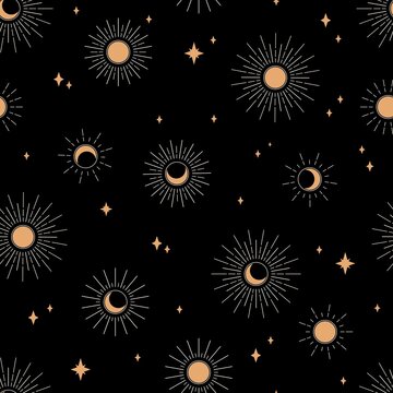 Seamless pattern with sun and moon on black background.  Bohemian contemporary  composition. Boho wall decor. Mid century art print. Trendy texture for print, textile, packaging.