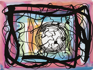 A watercolour and ink abstraction on a theme of connectivity and complexity.