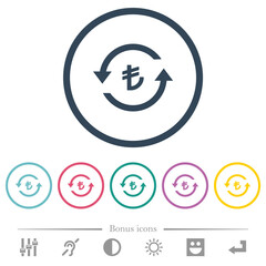 Turkish Lira pay back flat color icons in round outlines