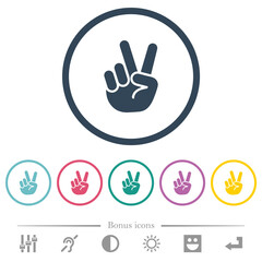 Victory sign hand gesture solid flat color icons in round outlines