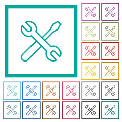 Crossed wrench and screwdriver outline flat color icons with quadrant frames