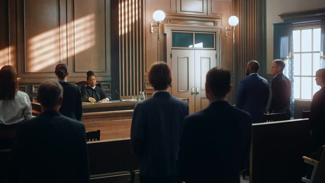 Cinematic Court of Law and Justice Trial: Judge Ruling Out a Positive Decision in a Civil Family Case, Striking Gavel to End Hearing. Defendant Party is Happy, Barrister Cheering Client.