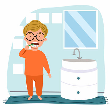 a European boy in glasses and pajamas is brushing his teeth in the bathroom. Children are hygiene. A child with a toothbrush. Vector illustration in a flat style