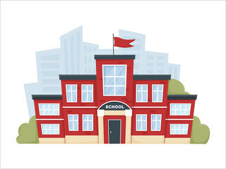 Modern school building in red color with trees, bushes and city silhouette. A city landscape with a house facade. Front view of learning building. Isolated vector illustration in flat cartoon style