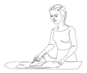 Silhouette of a girl with an iron ironing linen in a modern one line style. Continuous line drawing, aesthetic outline for home decor, posters, wall art, stickers, logo. Vector illustration.