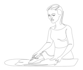 Silhouette of a girl with an iron ironing linen in a modern one line style. Continuous line drawing, aesthetic outline for home decor, posters, wall art, stickers, logo. Vector illustration.