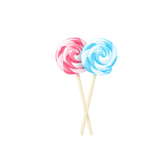 Vector realistic lollipops. Cute illustration of two three-dimensional colorful glossy striped candies on sticks on white background. Juicy sweets icon