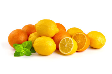 Composition of fresh lemons and oranges, isolated on white background.