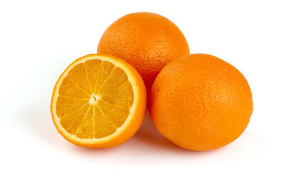Fresh oranges with half, isolated on white background.