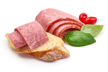 Sandwich with salami sausage, isolated on white background.