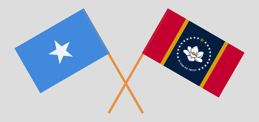 Crossed flags of Somalia and the State of Mississippi. Official colors. Correct proportion