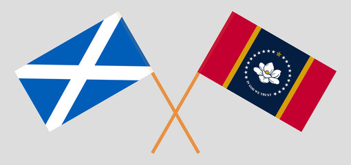 Crossed flags of Scotland and the State of Mississippi. Official colors. Correct proportion