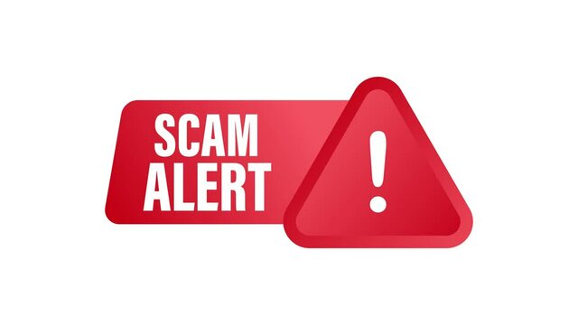 Banner with red scam alert. Attention sign. Cyber security icon. Caution warning sign sticker. Flat warning symbol. Motion graphics.