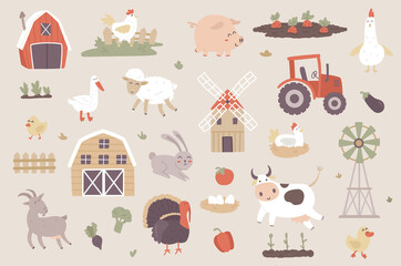 Livestock farm isolated objects set. Collection of pig, cow, sheep, goat, chicken, goose, turkey, rabbit, tractor, vegetables in garden, farming. Vector illustration of design elements in flat cartoon