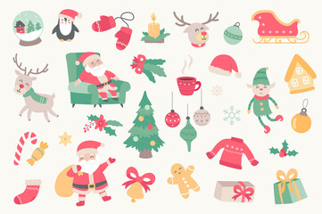 Christmas holiday isolated objects set. Collection of Santa Claus, elf, reindeer, penguin, tree, gifts, snowflakes, decor, clothes and sweets. Vector illustration of design elements in flat cartoon