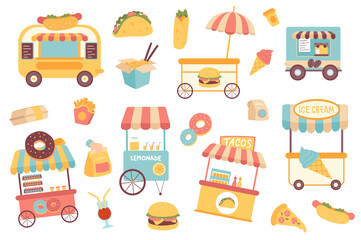 Fast food isolated objects set. Collection of food trucks street shops, donuts, tacos, ice cream, hot dogs, hamburger, pizza, coffee, lemonade. Vector illustration of design elements in flat cartoon