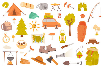 Camping and hiking isolated objects set. Collection of tent, car, forest, binoculars, fishing, map, mushroom, backpack, compass, tourism tools. Vector illustration of design elements in flat cartoon