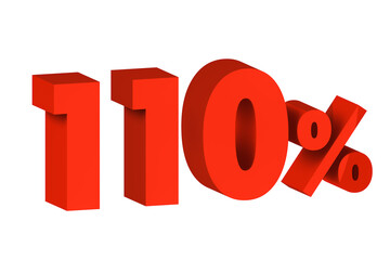 3d illustration five percent red isolated on white background. 3d rendering for advertising. 110% off on sale.