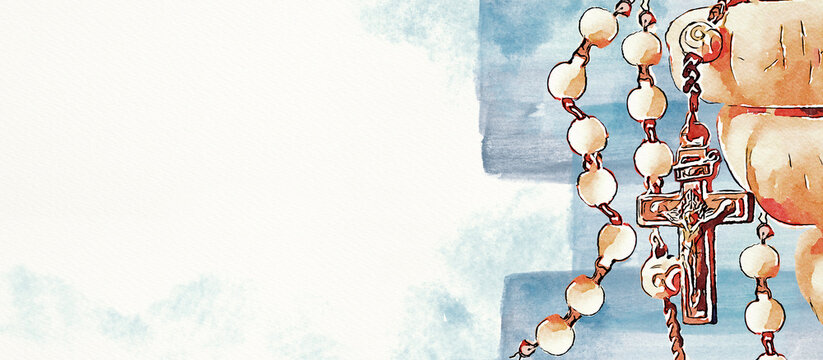 Rosary. Christian banner. Watercolor.