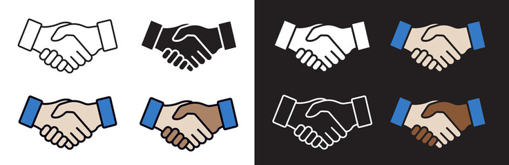 Handshake vector icons - Collection of illustrations with hands shaking, white and black background.